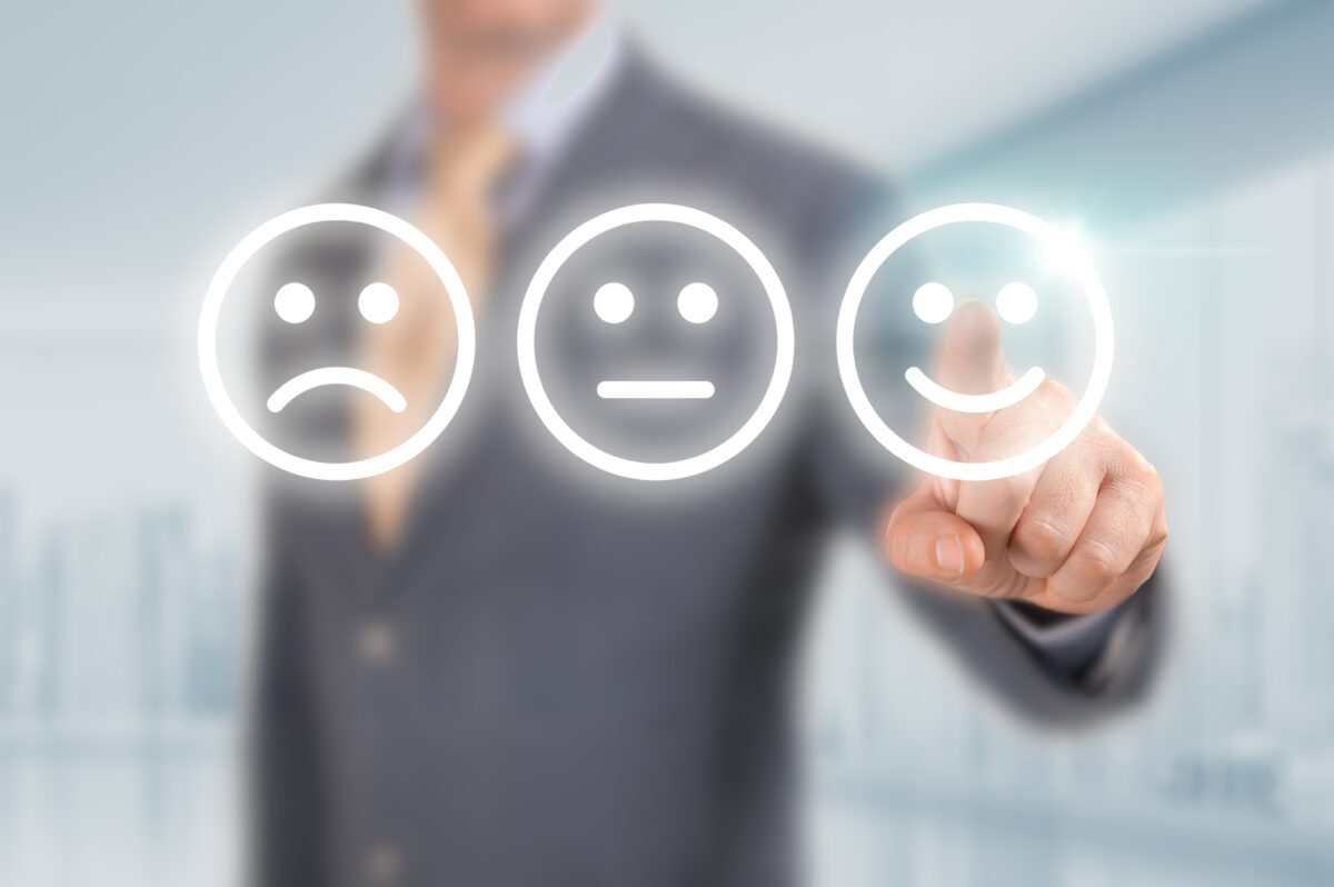 Businessman,Pressing,Excellent,Smiley,Face,Rating,Icon,Over,Light,Blue